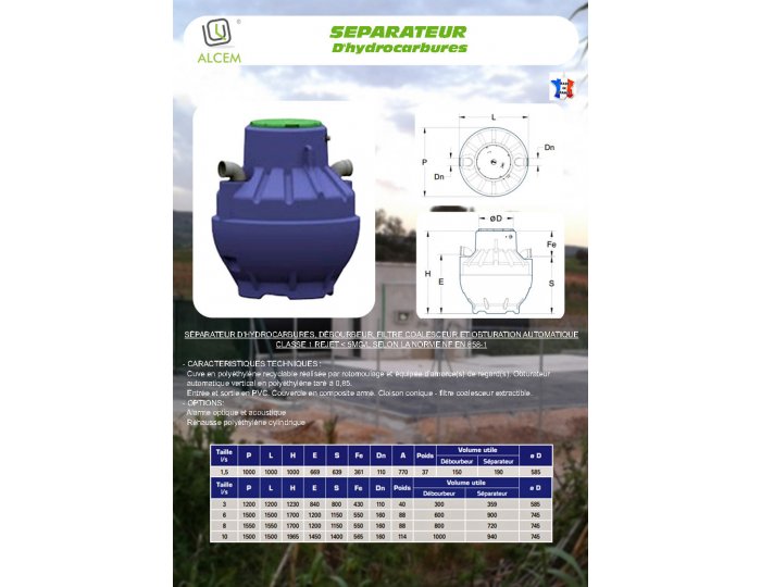 ALCEM SEPA-1,5L : séparateur d'hydrocarbures DE 1,5 l/s à 10 l/s avec débourbeur & filtre coalesceur